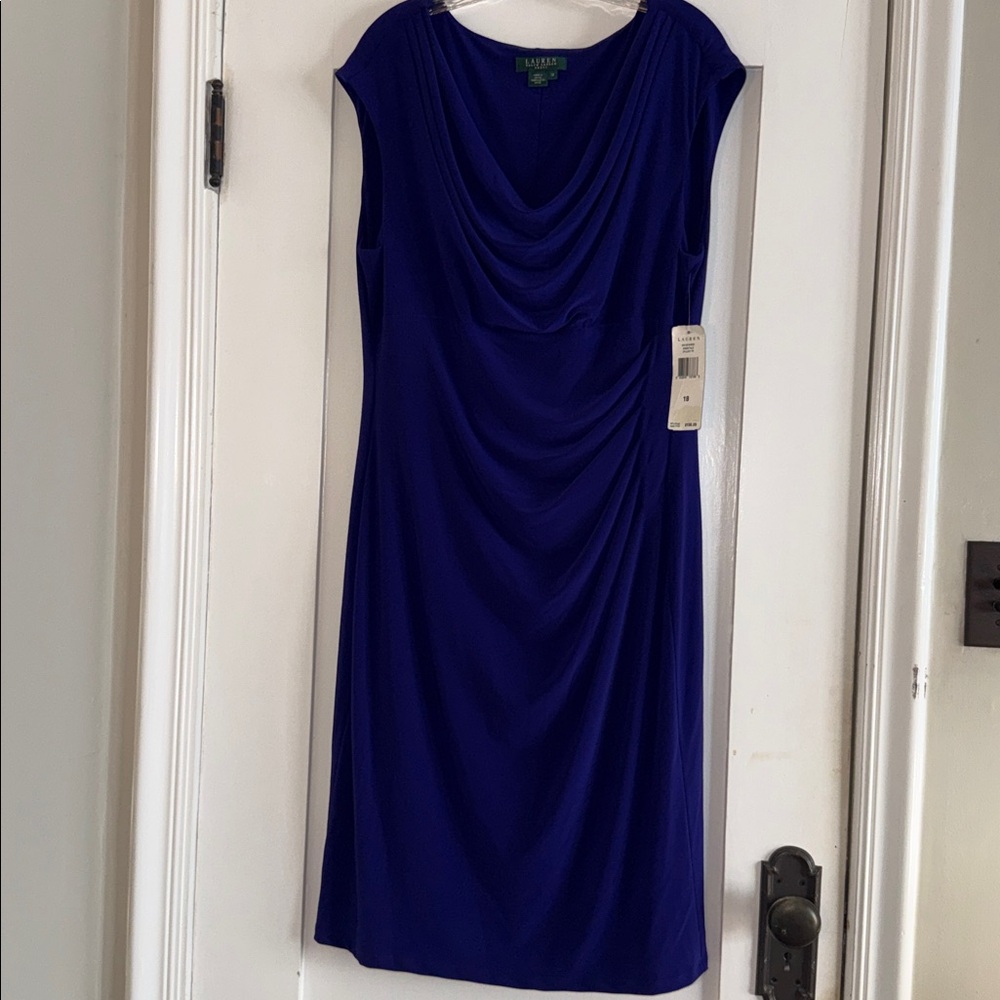 A blue Ralph Lauren dress luxurious jersey feel with draping from neck to waist.